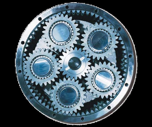 A circular metal object with six gears on it.